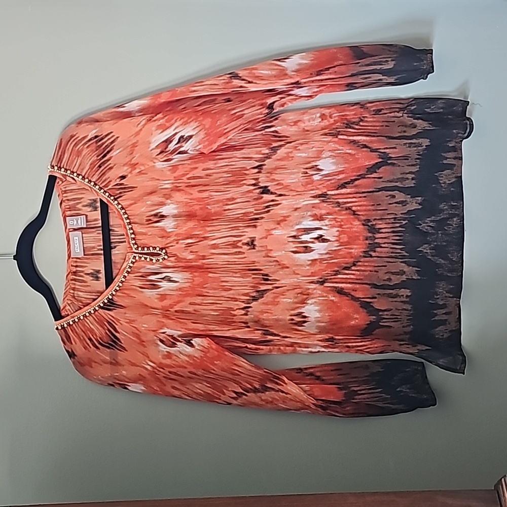 Chico's orange, white brown & black sheer top